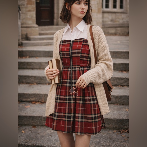 Dresses & Skirts - Charlotte Russe Red Plaid Strapless Dress Small Cottagecore Academia Preppy